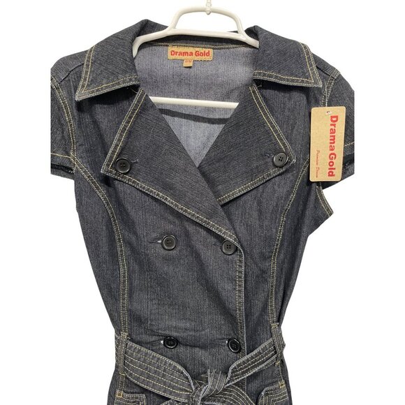 Drama Gold Denim Double-Breasted Button-Down Dress Belted Waist Size 9/10 - Picture 2 of 6